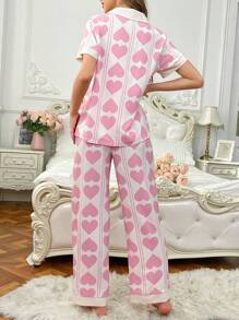 Women's Pink Heart Print Contrast Color Lapel Short Sleeve Top And Pants Pajama Set - Multicolor - View 2