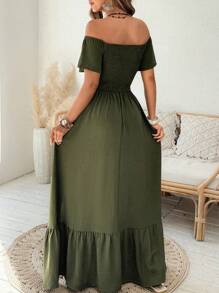SHEIN Clasi Plus Size Women Elegant Off Shoulder Ruffled Cinched Waist A-Line Long Dress, Spring/Summer - Army Green - View 2