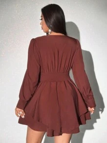 Viva Relle Plus Size Elegante Sexy Effen Diepe V-hals Pofmouw Mini Jurk
