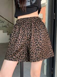 DAZY 女士豹纹松紧腰休闲短裤，夏季日常穿着 - 咖啡棕 - 查看 5