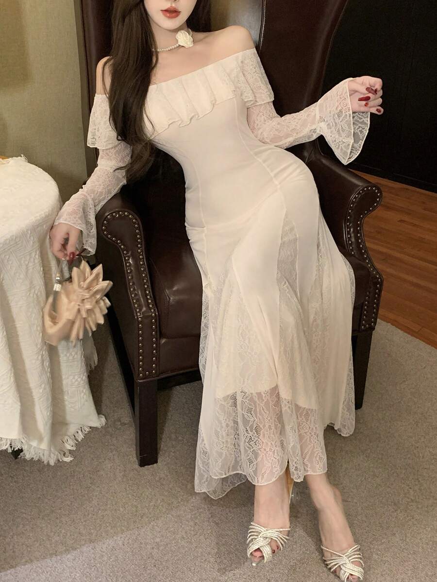 Elegant Women's Off Shoulder Long Sleeve Lace Patchwork Dress Elegant,Ruffle Maxi Dress - White - View 1