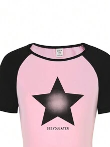 SHEIN 2件套少女夏季粉色星星印花圆领修身短袖上衣和阔腿星星牛仔裤套装