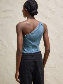 Maija 女装牛仔上衣 复古蓝 斜肩 春夏牛仔上衣 - 中等水洗藍 - 查看 5