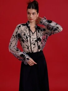 Aveloria Rosie French Style Hollow Transparent Printed Stand Collar With Tie Casual Loose Long Sleeve Blouse For Women Elegant FashionableStyle All Over Print