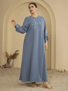 Graceveil Plus Size Fashion Embroidered Round Neck Elegant Dress - Blue - View 4