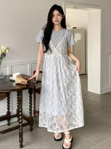 DAZY Set 2 Potong Kaos Renda Manis Kasual Wanita, Musim Semi/Panas - MultiWarna - View 1