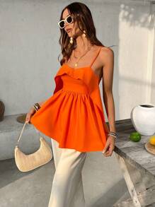 SHEIN VCAY Women Summer Orange Solid Color Backless Top Ruffled Cutout Top Valentine's Day Vacation Top Summer Top For Vacation & Casual Wear Ruffled Top. This Too Is Extremely Flattering And Looks Vacation Great Dressed Up Or Down - Burnt Orange - View 4