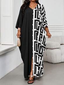 Fleurora Plus Size V-Neck Long Sleeve Solid Color Patchwork Loose Casual Dress Robe - Black and White - View 4