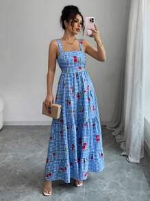 Elenzga 女士度假连衣裙蓝色格子印花樱桃花摇摆吊带连衣裙 - 藍色 - 查看 3