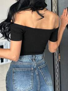 DAZY 女士纯色露肩吊带短袖修身休闲上衣，露脐短款露肩上衣