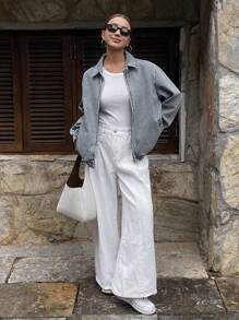 DAZY 女式翻领拉链宽松牛仔夹克，秋装 - 中等水洗藍 - 查看 2