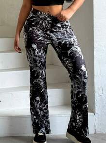 SHEIN Allurite Astrology Star Pattern Flared Sweatpants - Black - View 3
