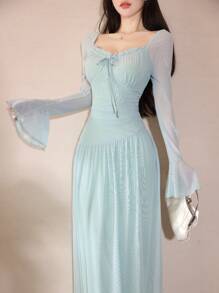 Modelyn Women's Mesh Tie-Up Flared Long Sleeve Asymmetrical Ruffle Elegant Date Night Dress Fall Cloth For Women - Mint Green - View 7