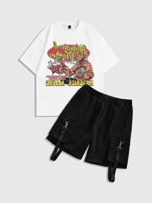 ROMWE MEN Street Life Men's Round Neck Short Sleeve Printed Minimalist Top And Shorts Set - Black - View 1