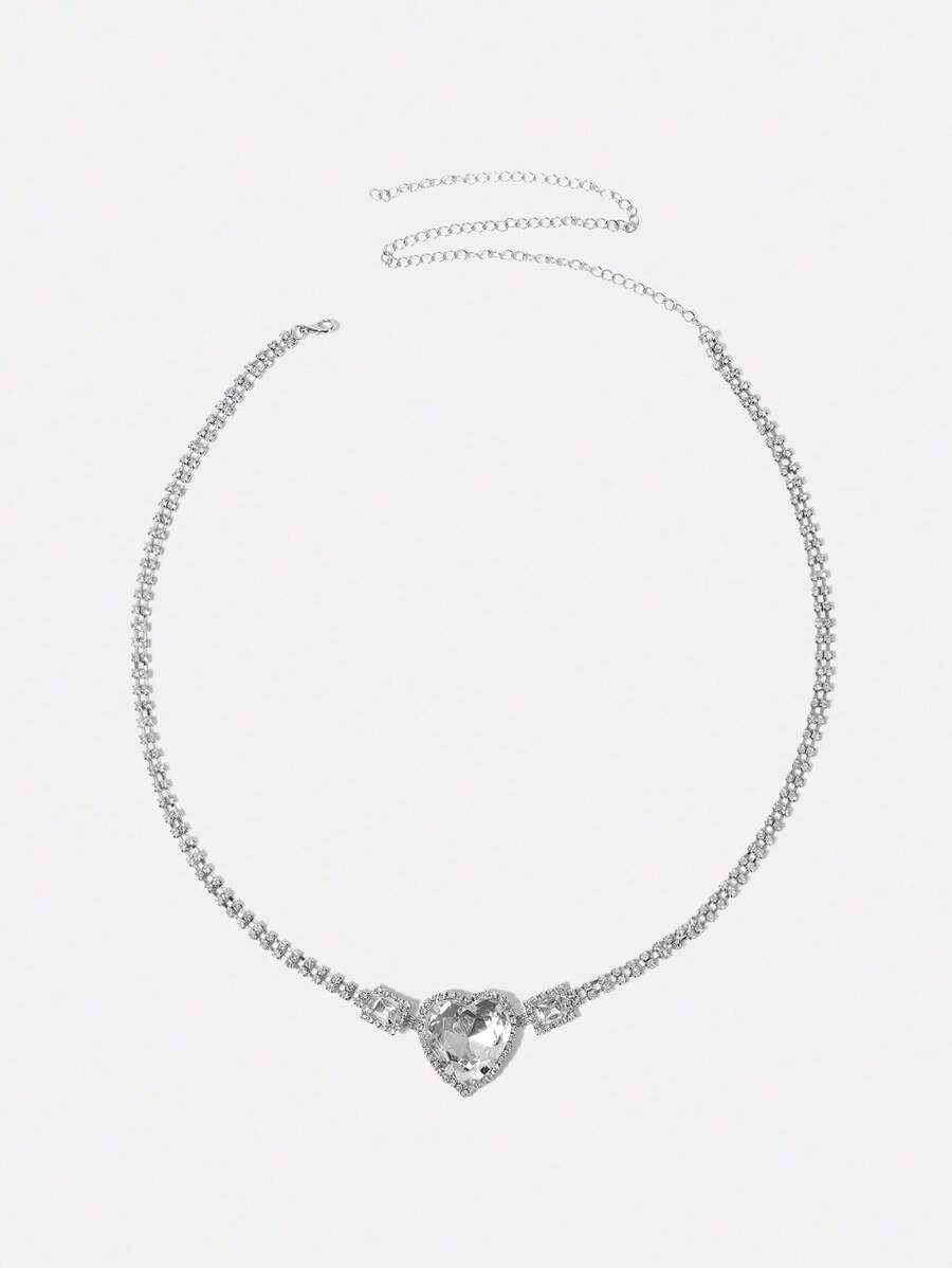 SHEIN SXY Dây thắt lưng thiết kế hình trái tim pha lê lấp lánh, thích hợp để mặc khi đi nghỉ - Bạc - Xem 1
