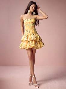 Enchnt 春夏浪漫女士黄色花卉印花紧身胸衣双泡泡下摆露肩可爱迷你连衣裙，甜美性感太阳裙，适合节日派对、度假、甜蜜约会和毕业季，时尚女士夏装，连衣裙优雅