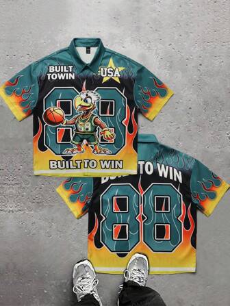 Prep Camisa de corte boxy con estampado de llamas y número de dibujos animados en bloques de color para hombre