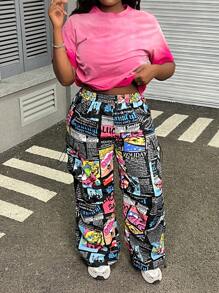 Muchica Pantalones cargo de talla grande con estampado de dibujos animados, cintura con cordón y múltiples bolsillos con pliegues - Negro - Ver 5