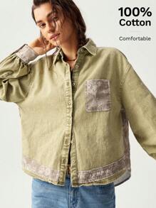 Bohemela 女式度假主题绿色水洗牛仔拼色植物印花长袖衬衫 - 彩色 - 查看 2