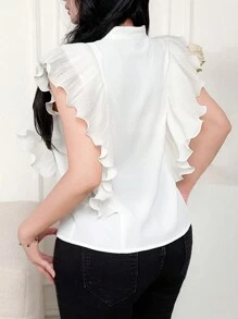 Modelyn Camisa casual de mujer de unicolor simple decorada con strass, para uso diario - Blanco - Ver 3