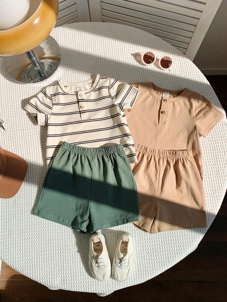 SHEIN 4pcs Baby Boys/Girls Casual Striped Short Sleeve T-Shirt And Elastic Waist Cargo Shorts Set, Suitable For Spring/Summer Wear, Casual Or Outings