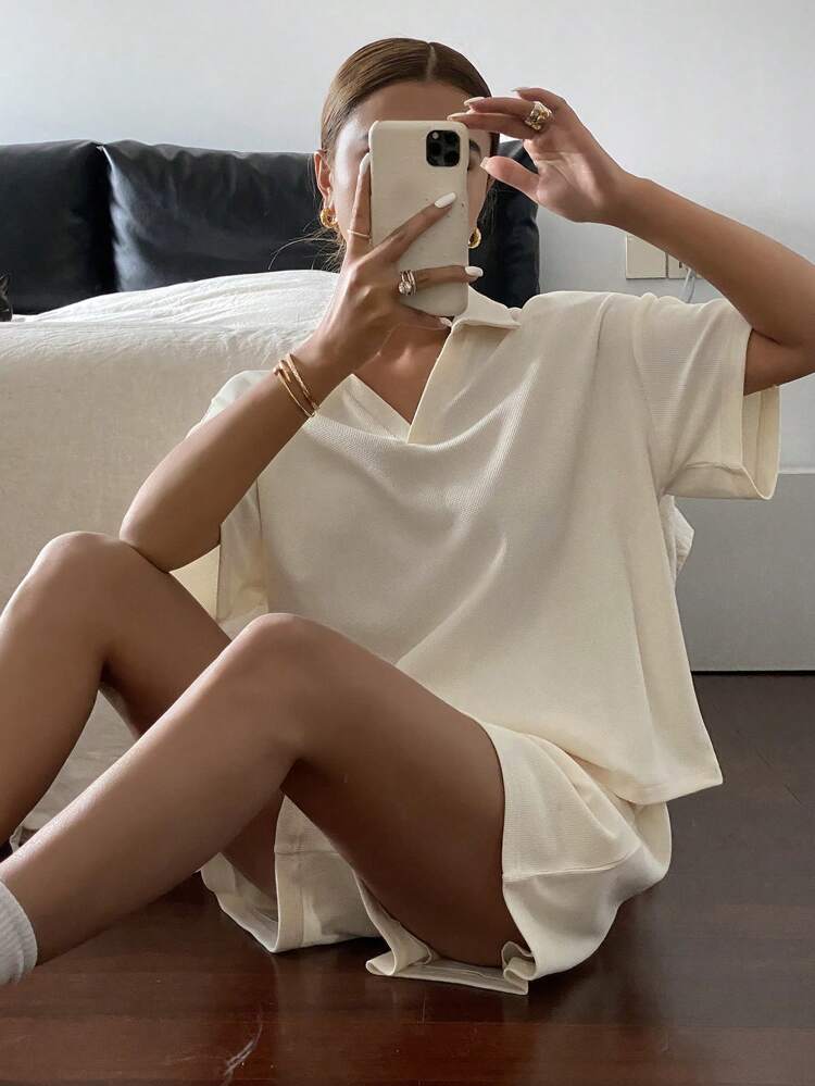 2pcs Women Set: Solid Color Drop Shoulder Blouse And Shorts, Summer Clothes