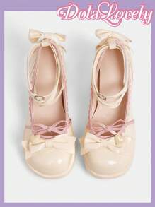 Dola Lovely 女士休闲时尚防滑粗跟厚底蓝色可爱卡哇伊蝴蝶结高跟鞋