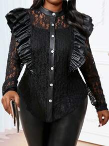 SHEIN Lady Spring And Summer Autumn And Winter Elegant Women's Black Lace Ruffled PU Patchwork Buttoned Cardigan Jacket Fall - Black - View 4