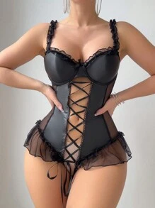PU Mesh Patchwork Lace-Up Backless Ruffle Romper, Sexy - Black - View 4