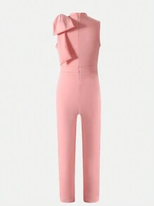 Girls High Waisted Sleeveless Simple Elegant Fashionable Half-High Collar Solid Color Jumpsuit With Detachable Bowknot Decor, Summer - Pink - View 2