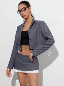 Femmeiva Setelan 2 Potong Jaket Blazer dan Rok Mini Gaya Retro Kampus untuk Wanita dengan Detail Kontras di Bagian Bawah, Pakaian Musim Gugur Ukuran Besar untuk Wanita - Grey - View 5