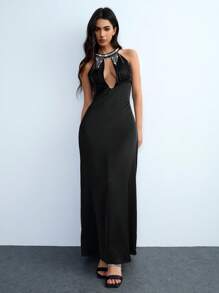 Chiquease Nouvelle robe de soirée élégante pour femme avec paillettes, strass et franges en satin