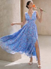 Aveloria 浪漫花卉雪纺梦幻印花褶腰无袖连衣裙，适合女士春季波西米亚风度假时尚风格全身印花，适合夏季春秋季 - 彩色 - 查看 5