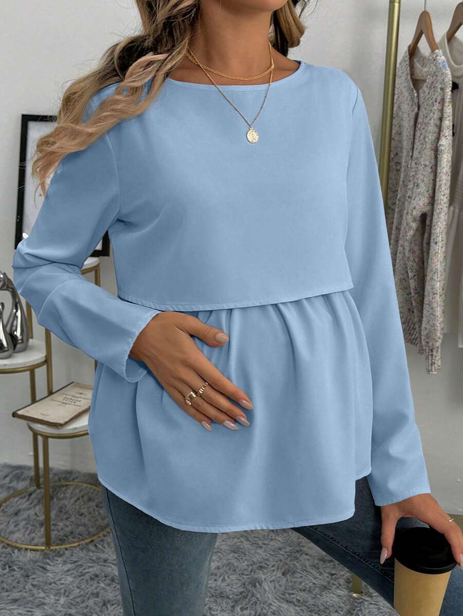SHEIN 纯色圆领长袖简约哺乳上衣，休闲日常穿着 - 淺藍色 - 查看 1