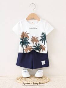 Cozy Pixies 2pcs Baby Boy Set: Coconut Tree Print Soft Knit Crew Neck Short Sleeve Pullover Top And Elastic Waist Shorts, Beach Outfit
