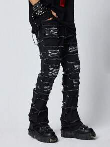 ROMWE MEN Grunge Punk 男士简约口袋毛边牛仔裤，休闲日常穿着 - 黑色 - 查看 3