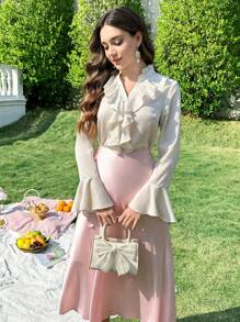 Modelyn 女士优雅纯色荷叶边喇叭袖衬衫