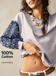 Bohemela 女士休闲针织拼布圆领 3/4 袖宽松 T 恤 - 灰色 - 查看 7