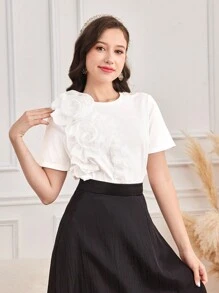 SHEIN Leap Crew Teen Girls' Spring & Summer White Knit Patchwork Loose Elegant Floral Decor Casual T-Shirt, Suitable For Resort Wear - White - View 11