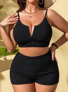 SHEIN Swim Curve 2pcs Plus Size Women's Solid Black Textured Fabric Notched Neck Camisole Top And Bottoms Set, Minimalist & Fashionable Casual Swimwear For Vacation, For Summer Beach