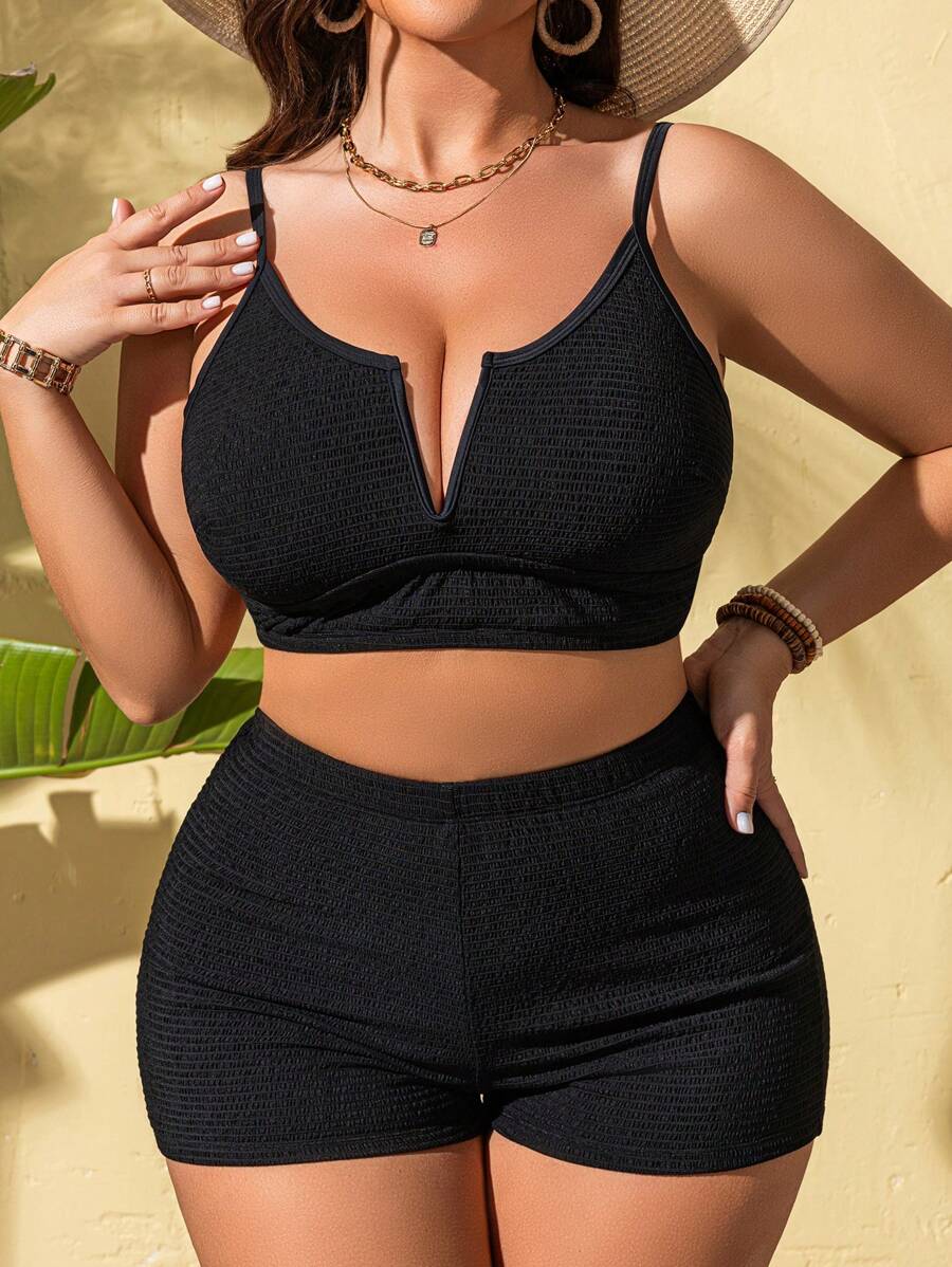 SHEIN Swim Curve 2pcs Plus Size Women's Solid Black Textured Fabric Notched Neck Camisole Top And Bottoms Set, Minimalist & Fashionable Casual Swimwear For Vacation, For Summer Beach