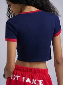 Easelle Baseball  Navy Blue Letter Print Short Sleeve Slim Fit Knit T-Shirt For Women 2025 Summer  Festival - Blue - View 2