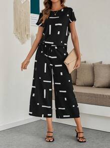 EMERY ROSE 2pcs Women's Round Neck Short Sleeve Printed Minimalist Top And Long Pants Set - Black - View 3