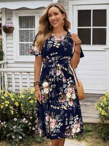 EMERY ROSE Women's Floral Print Ruffle Sleeve Waist Dress - Blue - View 3