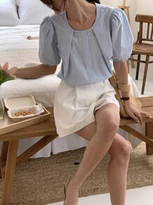 DAZY Blusa estiva da donna casual con girocollo, a tinta unita, con maniche a sbuffo e volant