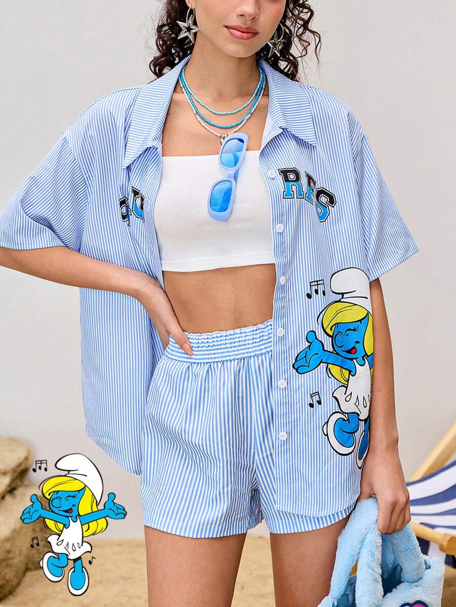 SHEIN X The Smurfs Women Blue Casual Striped Cartoon Print Short Sleeve Shirt, Summer Seaside Vacation Concert Women / Rave Festival / Rave - Blue - View 1