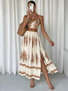 SHEIN Frenchy 女士波西米亚长裙，简约时尚休闲日常 - 杏色 - 查看 1