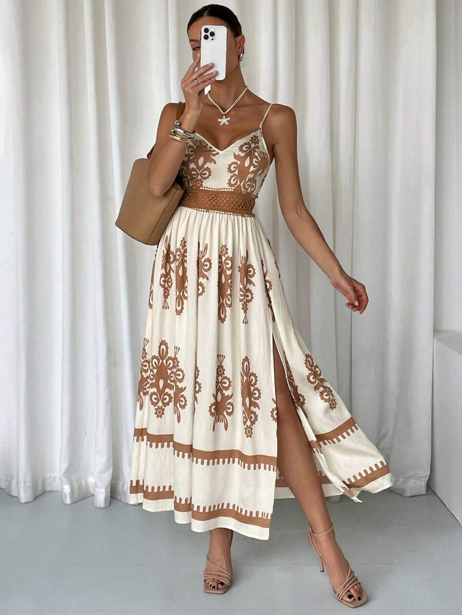 SHEIN Frenchy 女士波西米亚长裙，简约时尚休闲日常 - 杏色 - 查看 1