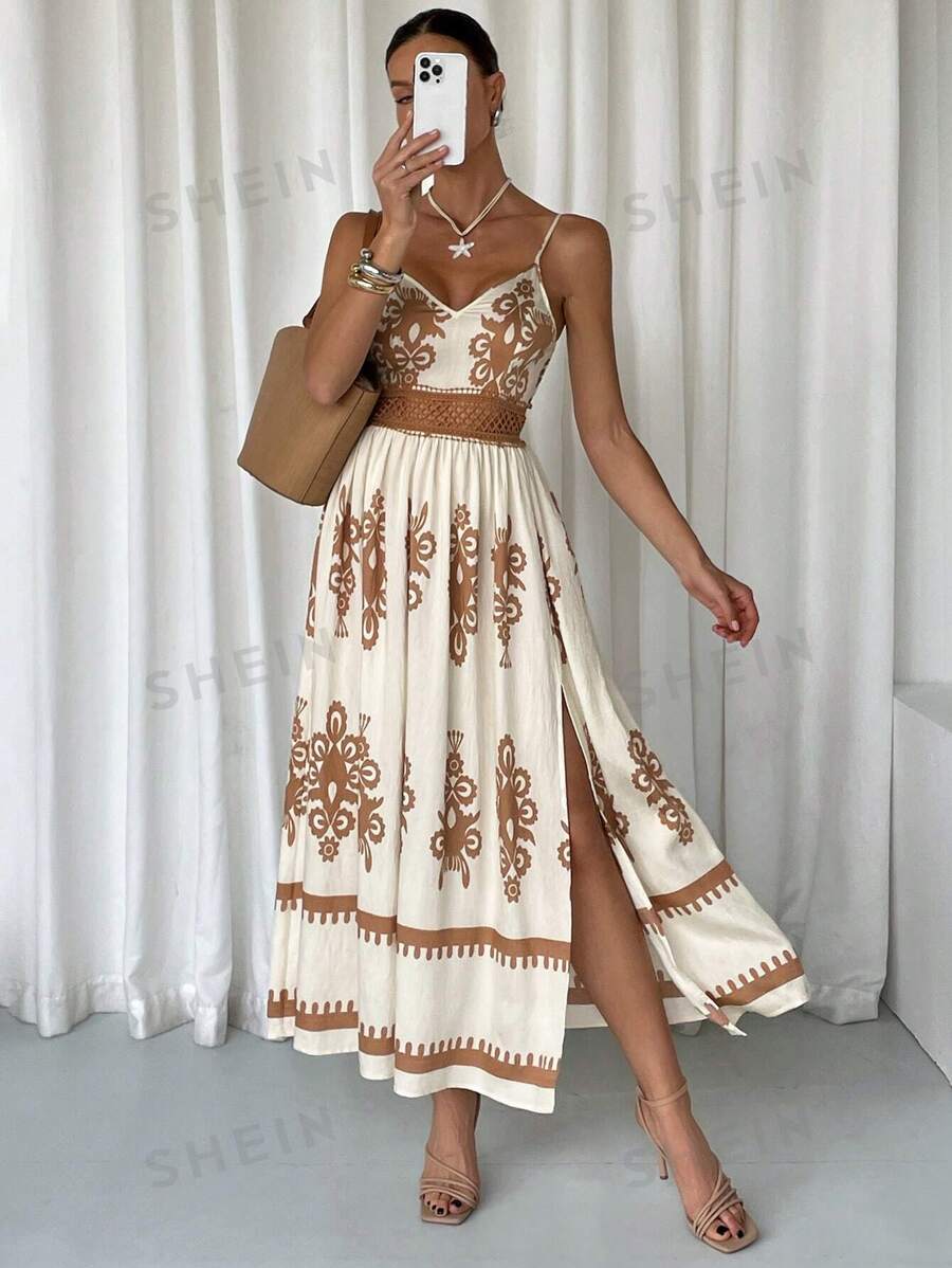 SHEIN Frenchy Damen Boho Maxikleid, minimalistisch Mode Lässig Alltag - Aprikosenfarben - Übersicht 1