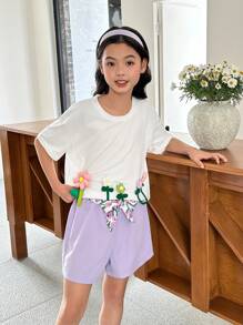 2 件套 青少年女孩舒适休闲度假可爱 3D 花朵装饰服装